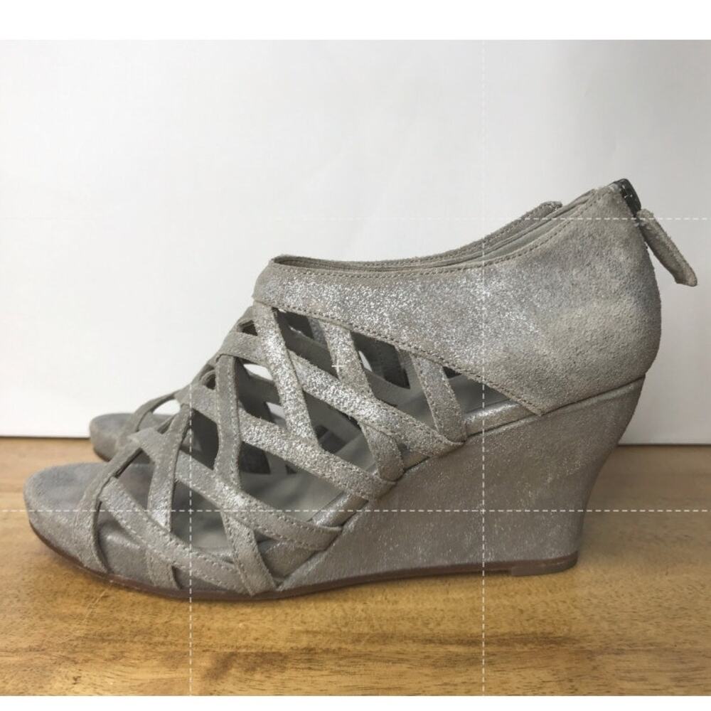 Eileen Fisher Silver Lattice Cage Leather Wedge Sandals Size 6